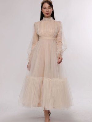 Hayal Tül Büzgü Detaylı Abiye Elbise