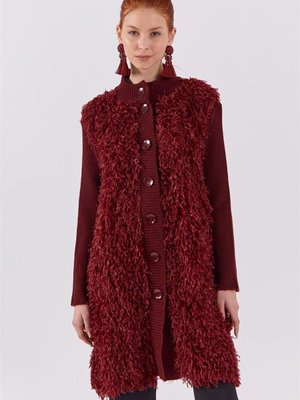 Önü Saçaklı Fitilli Bordo Triko Hırka Önü Saçaklı Fitilli Bordo Triko Hırka