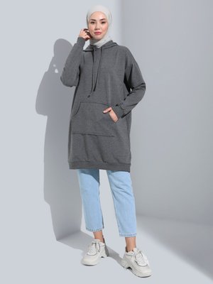Antrasit Kapüşonlu Uzun Sweatshirt Antrasit Kapüşonlu Uzun Sweatshirt