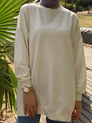 Beyaz Taş Detaylı Sweatshirt