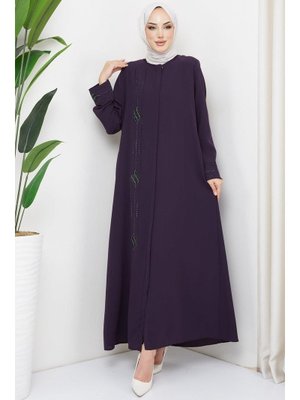 Mürdüm Damla Taşlı Büyük Beden Ferace