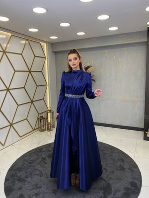 Taş Kemerli Suna Abiye Elbise Saks