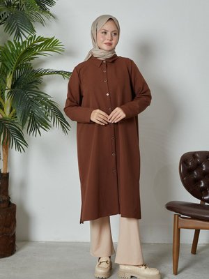 Dabıl Kumaş Gömlek Yaka Boydan Düğmeli Kolu Manşetli Uzun Tunik