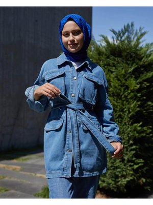 Vioshine Önü Düğmeli Kuşaklı Kot Mont