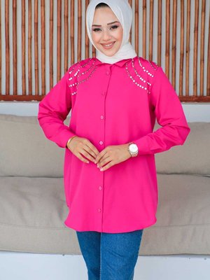 Fuşya Omuz Zımba Poplin Gömlek