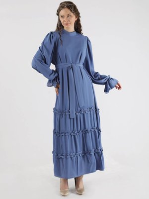 Dökümlü Fırfırlı Elbise İndigo Dökümlü Fırfırlı Elbise İndigo