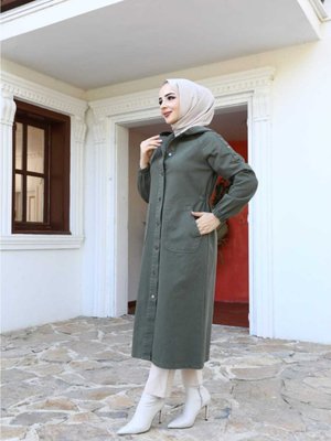 Beli Lastikli Trenç Kot Çift Cepli Kapüşonlu Beli Lastikli Trenç Kot Çift Cepli Kapüşonlu