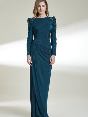 Yeni Kenzel Kadın Kolları Taş İşleme Detaylı Abiye Elbise