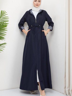 Kapüşonlu Çizgili Uzun Trençkot Lacivert Kapüşonlu Çizgili Uzun Trençkot Lacivert