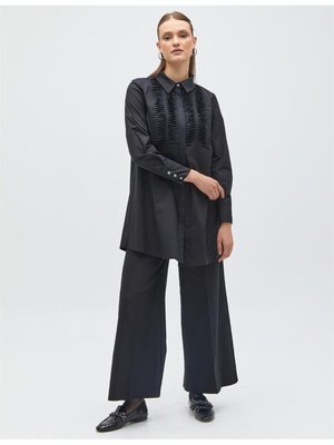 Pile Detaylı Siyah Poplin Tunik