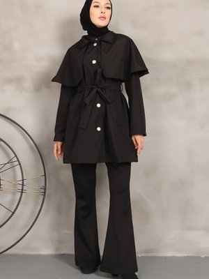 Siyah Omuz Detaylı Trençkot Siyah Omuz Detaylı Trençkot