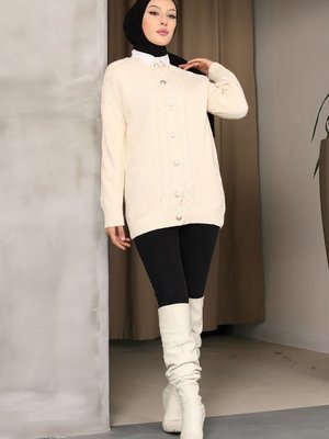 Krem Düğmeli Triko Hırka