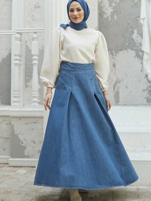 Denim Pileli Mevlana Etek Koyu Mavi