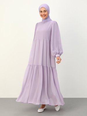 Toz Lila Balon Kol Astarlı Şifon Elbise