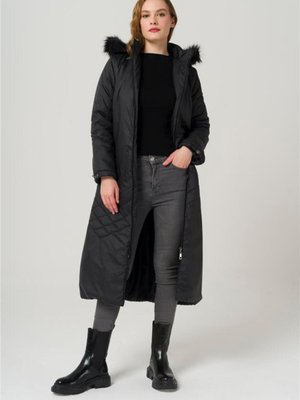 Çıkabilir Kürklü Kapüşonlu Desen Detaylı Ara Boy Kapitone Mont Siyah