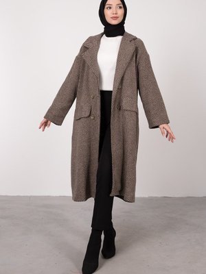 Ince Kılçık Çizgili Ceket Yaka Kaşe Kaban Duman Kahve