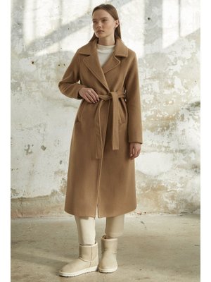 Camel Kaşe Kuşaklı Astarlı Kaban