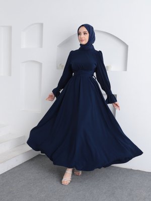 Nil Fırfır Manşetli Beli Kuşaklı Tesettür Elbise