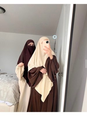 Takım Modern Abaya Bej Ve Acı Kahve Balon Kol Şifon Khimar Sufle Şal Hazır Peçeli