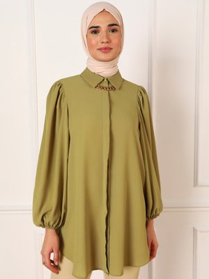 Yağ Yeşili İpek Tuşeli Volümlü Kol Detaylı Tunik