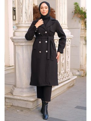 Siyah Kuşaklı Düğmeli Kaşe Kaban Siyah Kuşaklı Düğmeli Kaşe Kaban