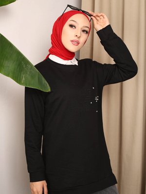 Siyah Taşlı İki İplik Sweatshirt Siyah Taşlı İki İplik Sweatshirt