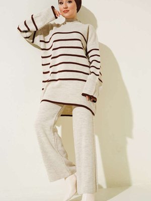 Kalın Kışlık Yatay Çizgili Salaş İkili Triko Takım
