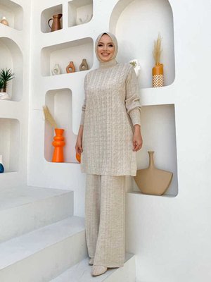 Örgü Desen Boğaz Detaylı Tunik İkili Triko Takım Taş