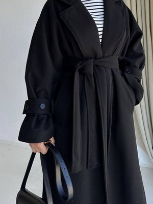 Kuşaklı Kolları Düğme Detaylı Oversize Kalıp Cm Kaşe Kumaş Siyah Kaban