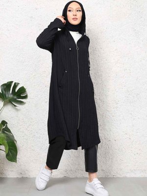 Siyah Kapüşonlu Fermuarlı Kap Siyah Kapüşonlu Fermuarlı Kap