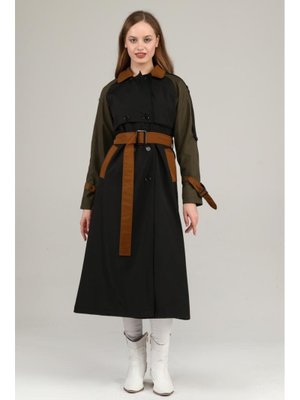 Siyah Üç Renkli Uzun Mevsimlik Astarlı Trençkot/kap