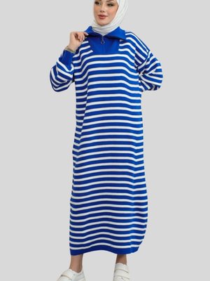 Saks Mavi Yakası Fermuarlı Çizgili Triko Spor Elbise