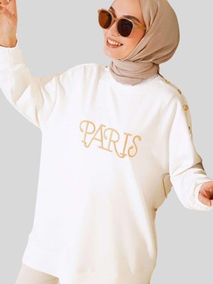 Ekru Omuzu Düğme Detaylı Paris Baskılı Tunik Ekru Omuzu Düğme Detaylı Paris Baskılı Tunik