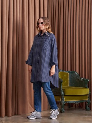 Çizgili Oversize Gömlek Lacivert Bol Kalıp