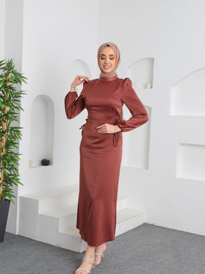 Kahve Zara Saten Abiye Elbise