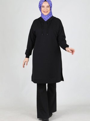 Siyah Büyük Beden Nakış Detaylı Kapüşonlu Ara Boy Tunik
