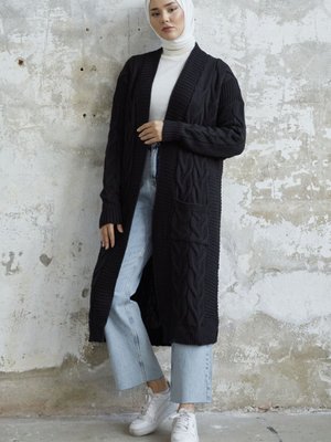 Eriyas Örgülü Cepli Triko Hırka Siyah