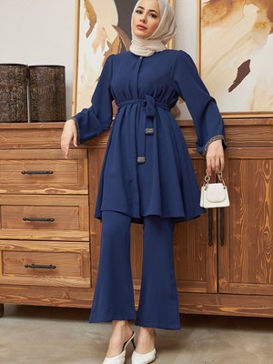 Ispanyol Paça Pantolon Tunik Takım İndigo Ispanyol Paça Pantolon Tunik Takım İndigo