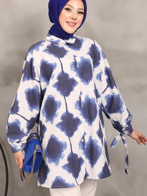 Saks Mavi Desenli Kol Bağlamalı Keten Gömlek