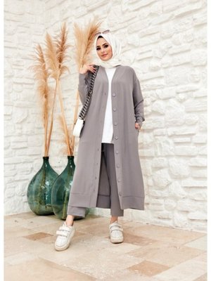 Boydan Düğmeli Ayrobin Hırka Pantolon Takım Gri Model