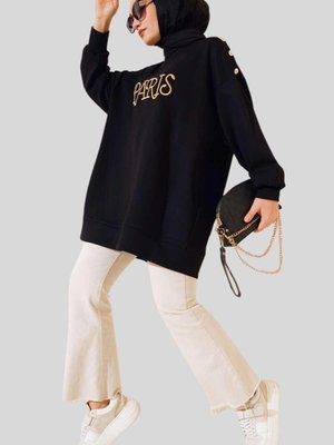 Siyah Omuzu Düğme Detaylı Paris Baskılı Tunik Siyah Omuzu Düğme Detaylı Paris Baskılı Tunik