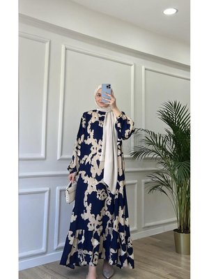 Lacivert Bulut Desenli Premium Kumaş Viskon Elbise Lacivert Bulut Desenli Premium Kumaş Viskon Elbise