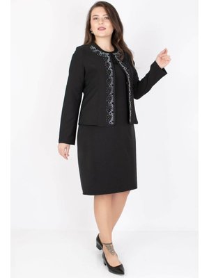 Siyah Büyük Beden Taşlı Ceket Etek Takım