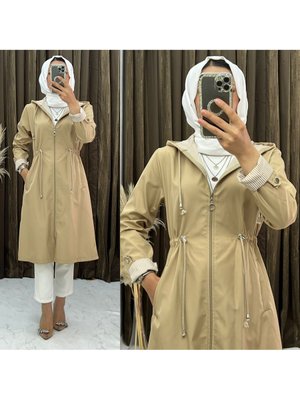 Vizon Kapüşonlu Beli Kordonlu Fermuarlı Trençkot Vizon Kapüşonlu Beli Kordonlu Fermuarlı Trençkot