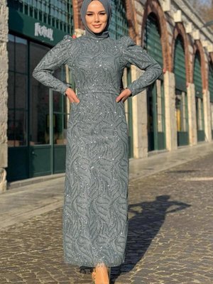 Kadın Gri Desenli Abiye Elbise T