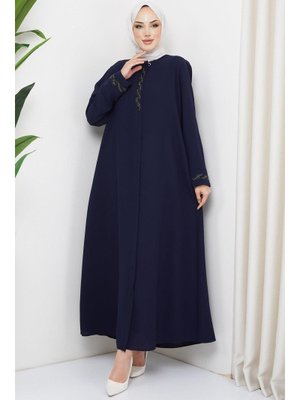 Lacivert Burma Taş Detaylı Büyük Beden Ferace