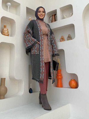 Etnik Desen Cep Detaylı Triko Hırka Füme