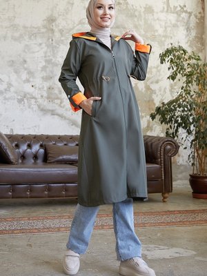 Beli Büzgülü Kapüşonlu Neon Trenç Haki Turuncu