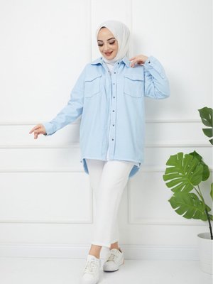 Doğal Kumaşlı Cep Detaylı Ceket Bebe Mavi