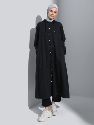 Antrasit Kapüşonlu Düğme Detaylıpardesü